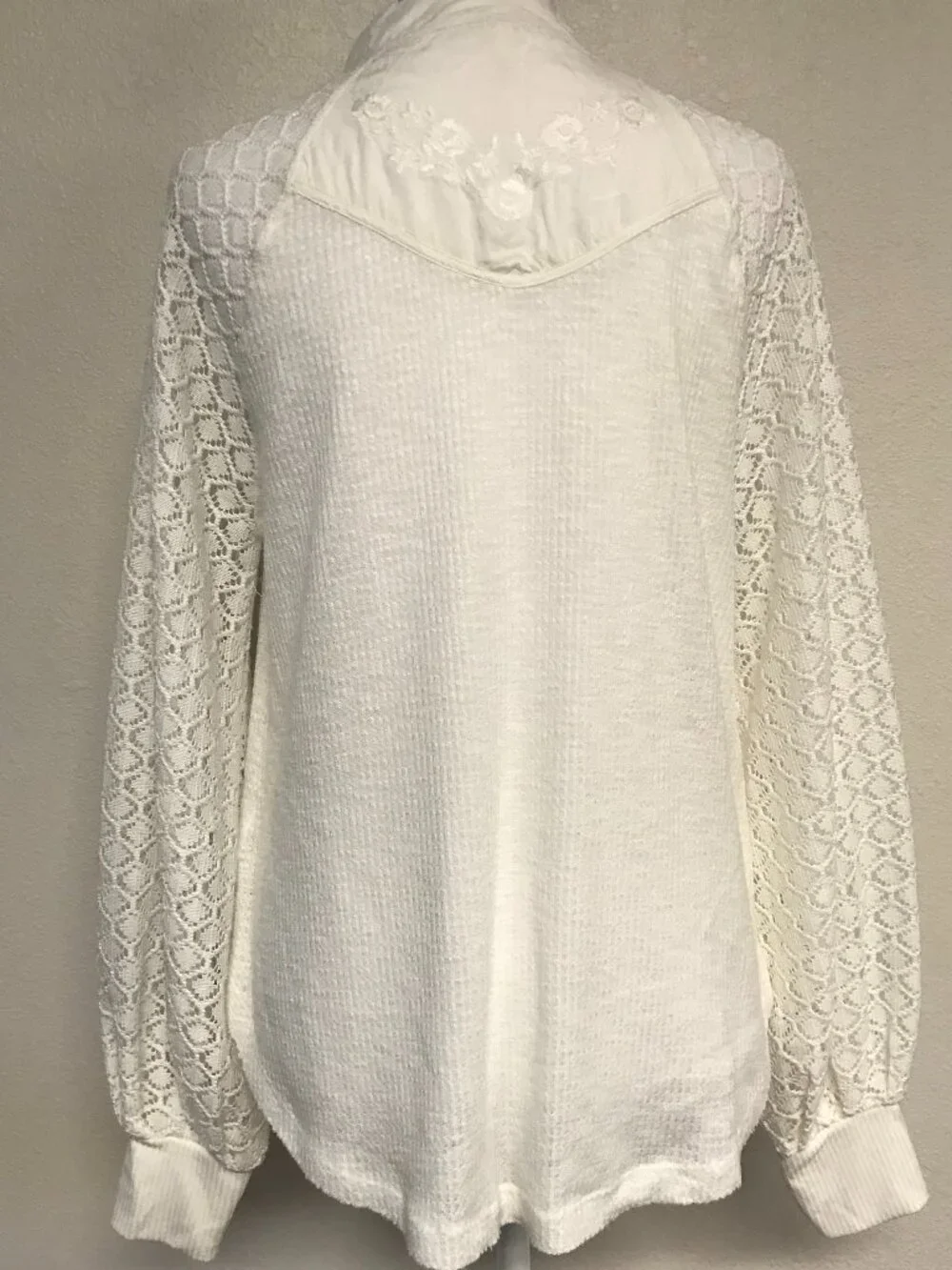 Free People Sweetest Thing Top S Ivory Lace Sleeve Thermal Knit Boho Romantic